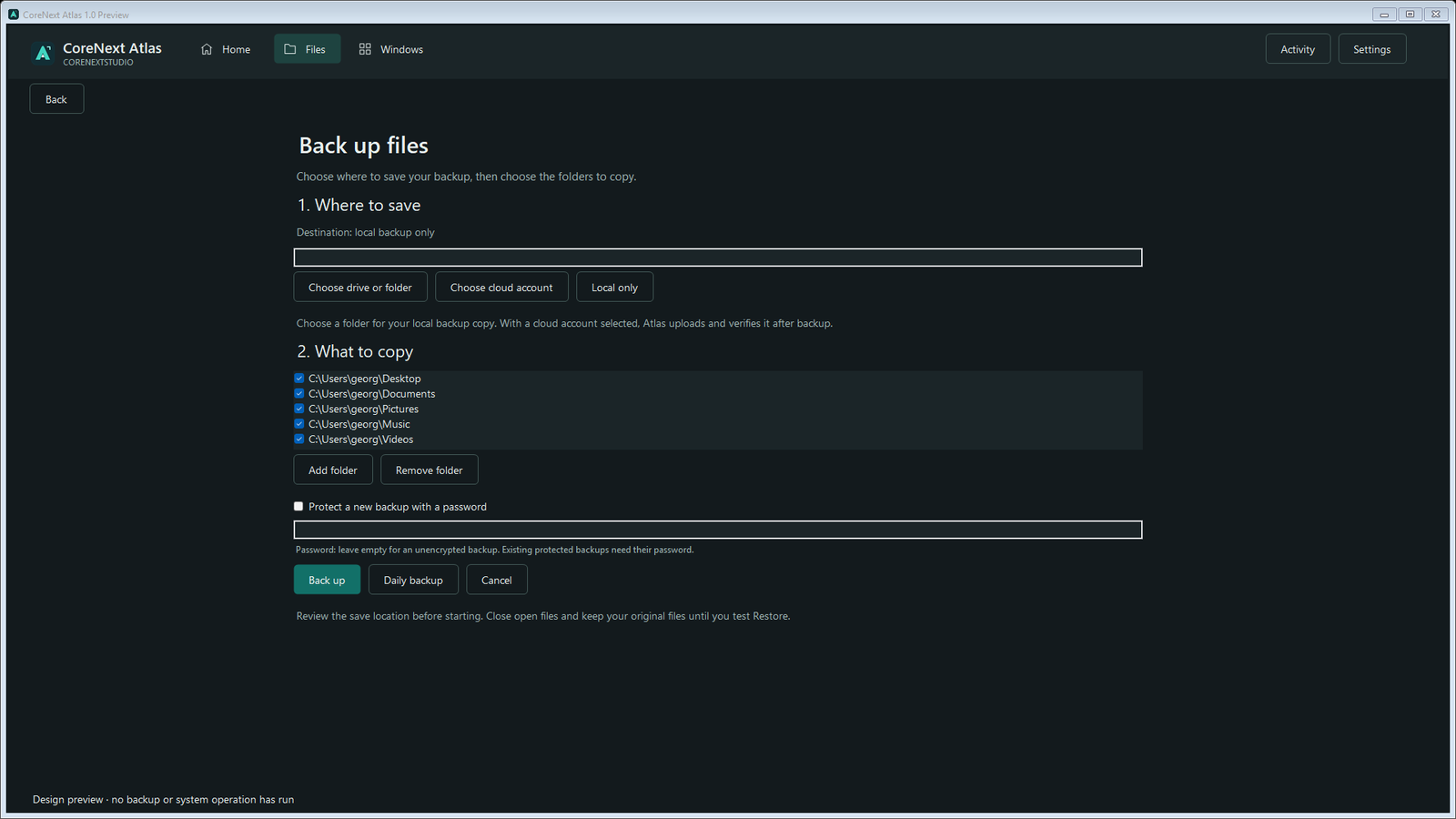CoreNext Atlas backup screen