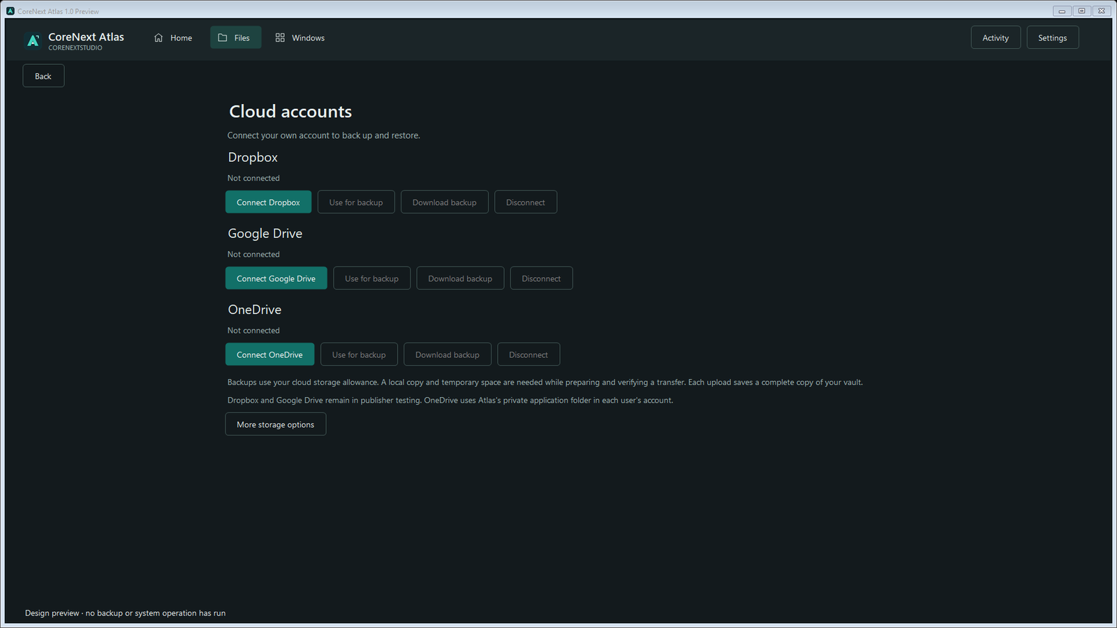 CoreNext Atlas cloud connections screen