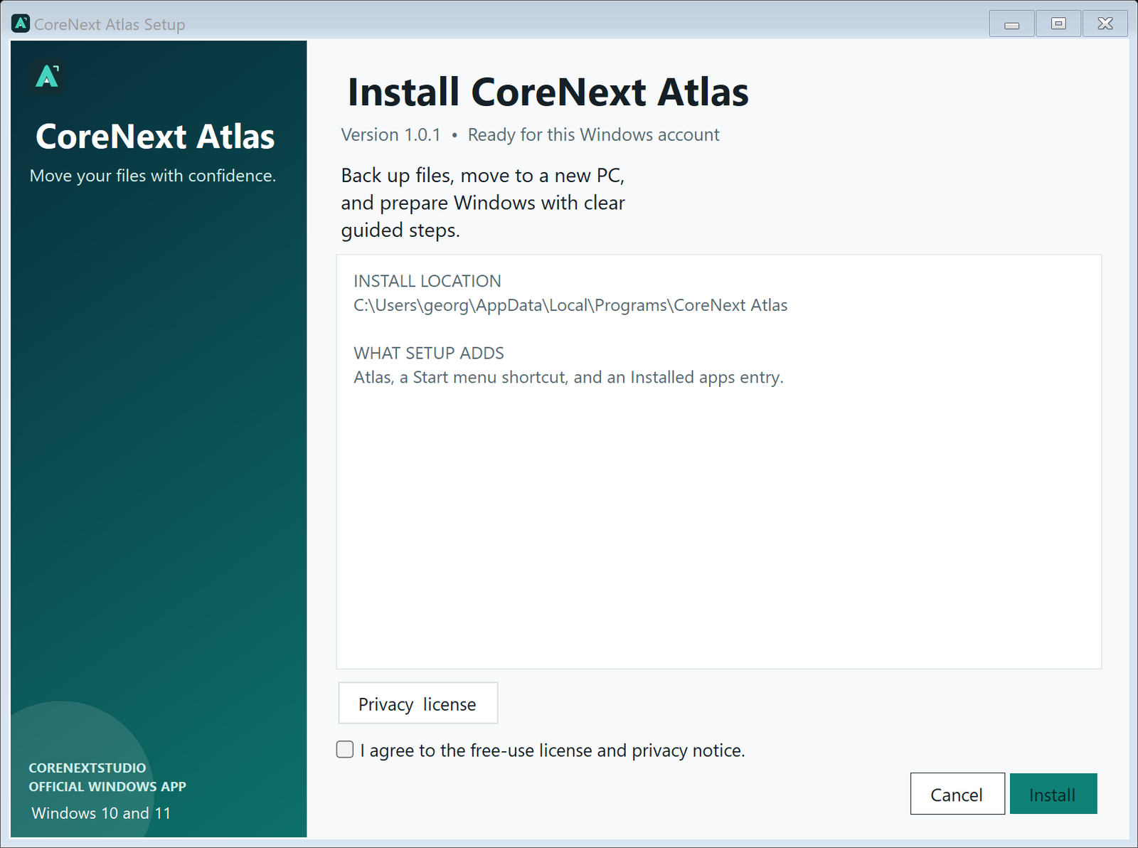 CoreNext Atlas signed Windows installer at high display scaling