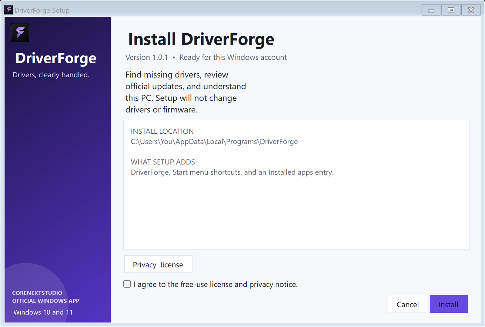 DriverForge signed Windows installer at high display scaling