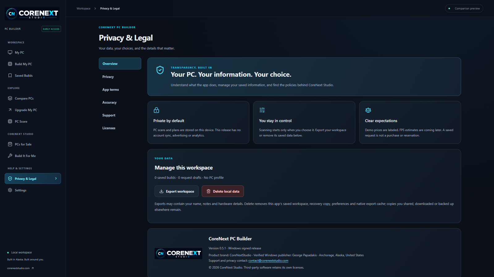 PC Builder privacy and legal information screen