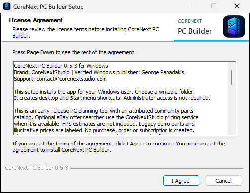 CoreNext PC Builder signed Windows installer showing publisher and legal links