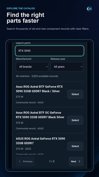 CoreNext PC Builder Android component catalog